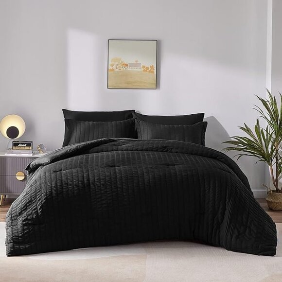 King Seersucker Comforter Set with Sheets Beige Bed in a Bag 7-Pieces Al… - Picture 1 of 10